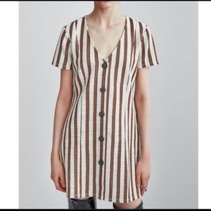 Zara brown and cream striped button V neck dress